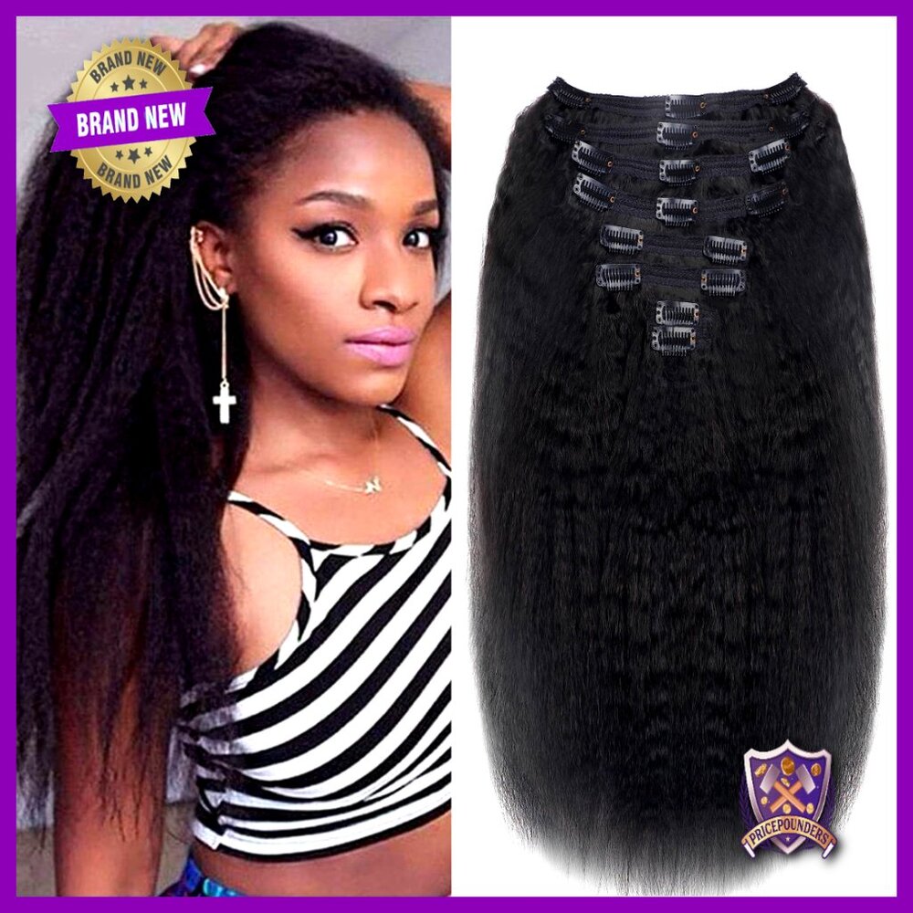 Real Human Hair Clip-In Extensions Kinky Straight 18 Inch 8 Pieces 120g